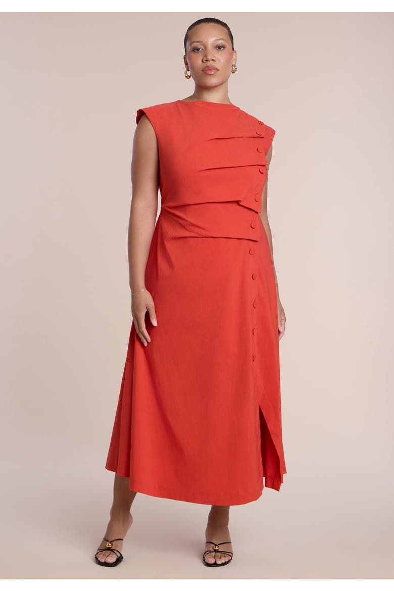 Pleated Button Detail Midi Dress, Alternate, color, AURORA RED