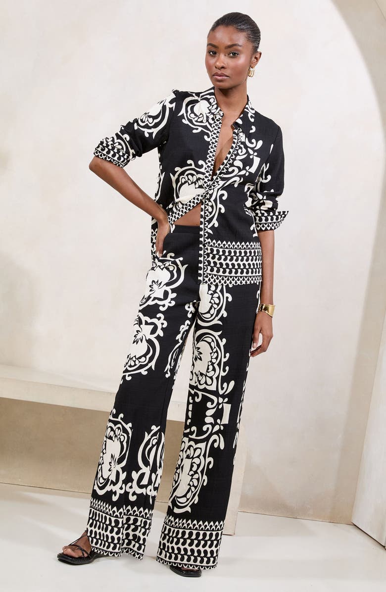 Lipsy Mono Placement Print Button-Up Shirt, Alternate, color, Black