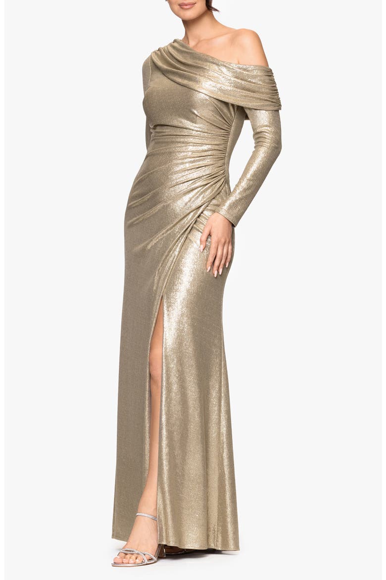 Metallic One-Shoulder Long Sleeve Gown, Alternate, color, GOLD