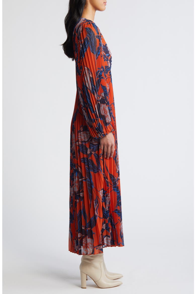 Floral Print Pleated Long Sleeve Dress, Alternate, color, RUST- BLUE LANA FLORAL
