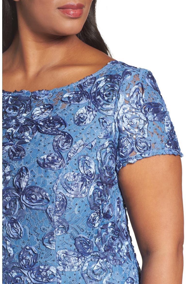 Rosette Lace Short Sleeve A-Line Gown, Alternate, color, BRUSHED PERIWINKLE
