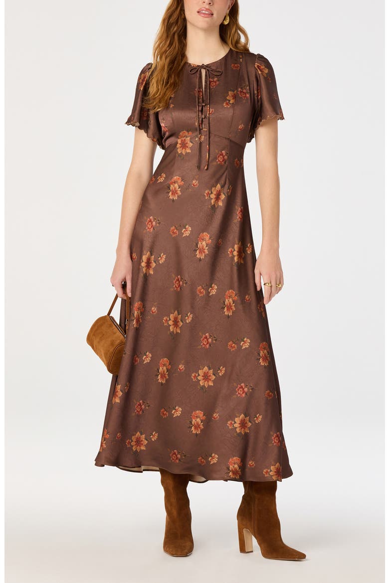 Riley Floral Satin Midi Dress, Alternate, color, LIGHT BROWN FLORAL