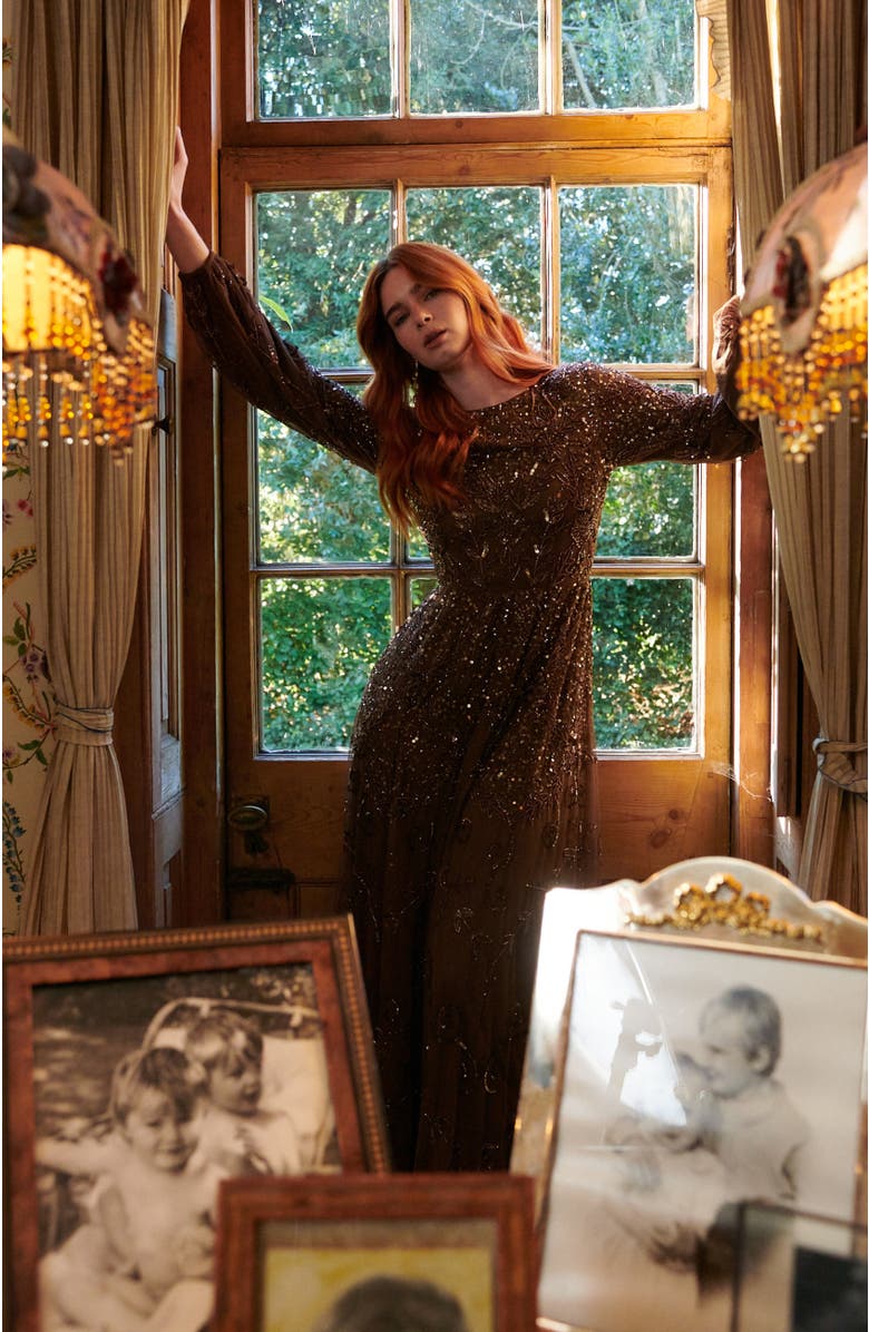 MARYISA Modest Embellished Sequin Beaded A-Line Maxi Dress, Alternate, color,