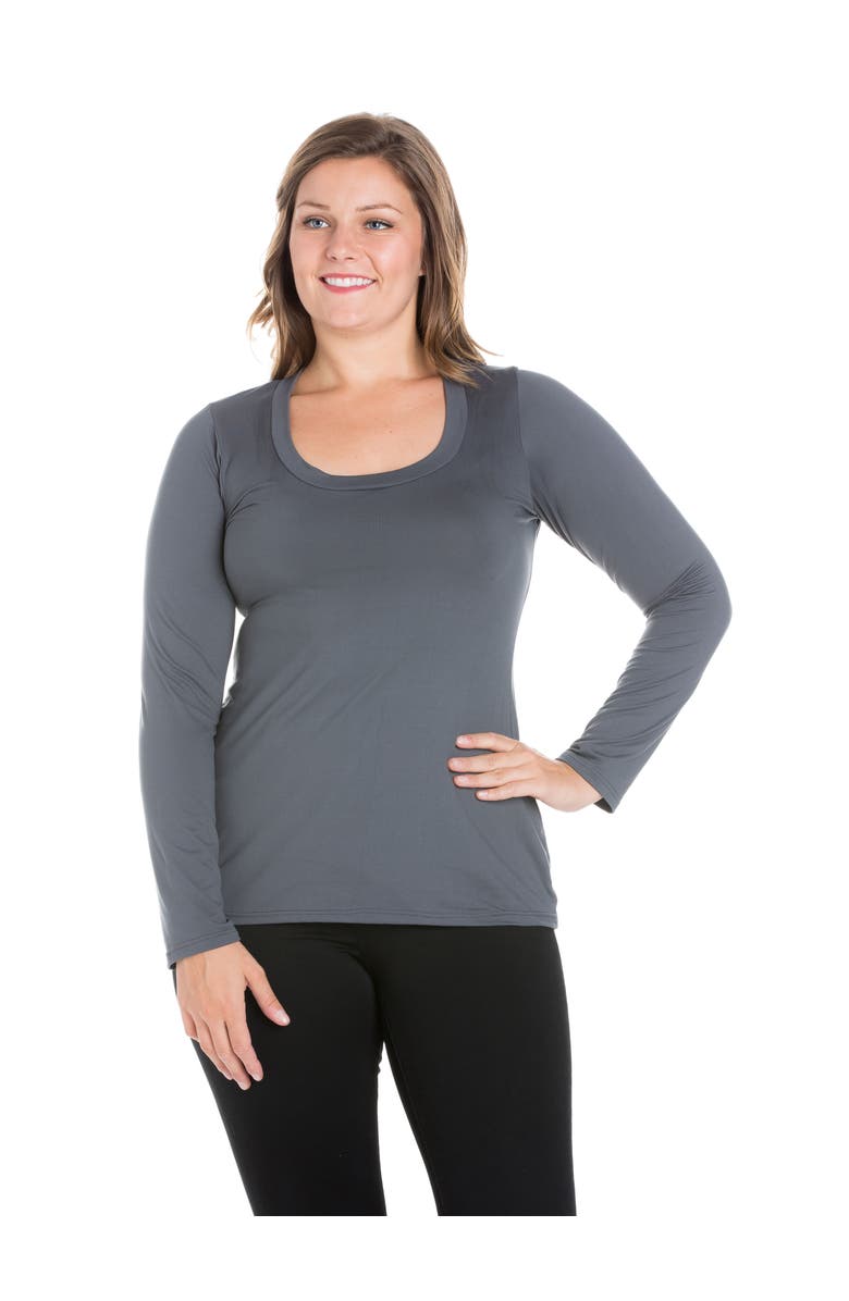 24seven Comfort Apparel Plus Size Solid Long Sleeve Scoop Neck  Womens Tee, Main, color, Charcoal