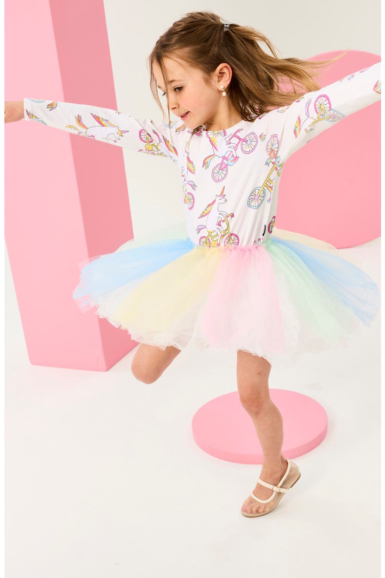 Kids' Unicorn Circus Print Long Sleeve Tulle Party Dress, Alternate, color, CREAM
