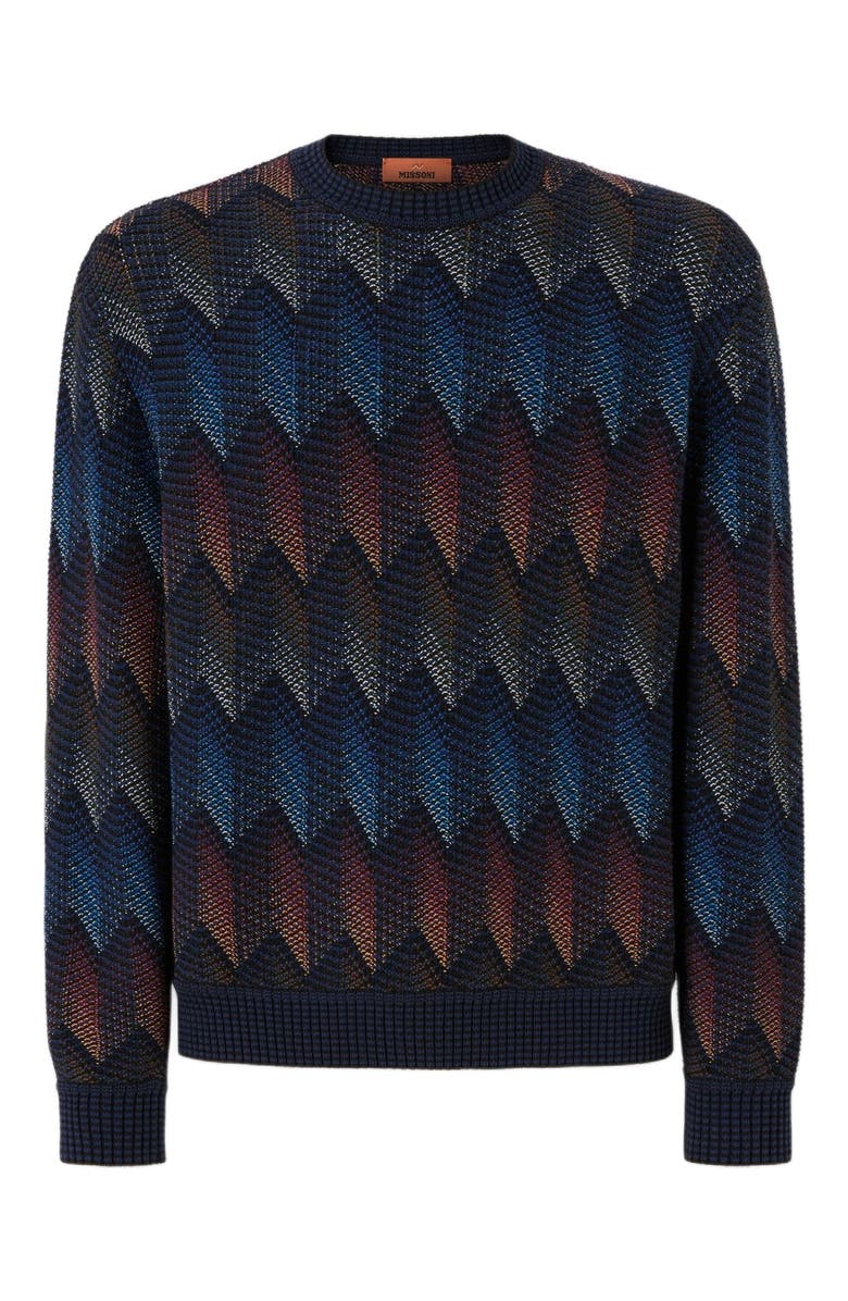 Missoni Crewneck Sweater In Gradient Cotton Chevron Blend With Contrasting Piping, Alternate, color, Blue