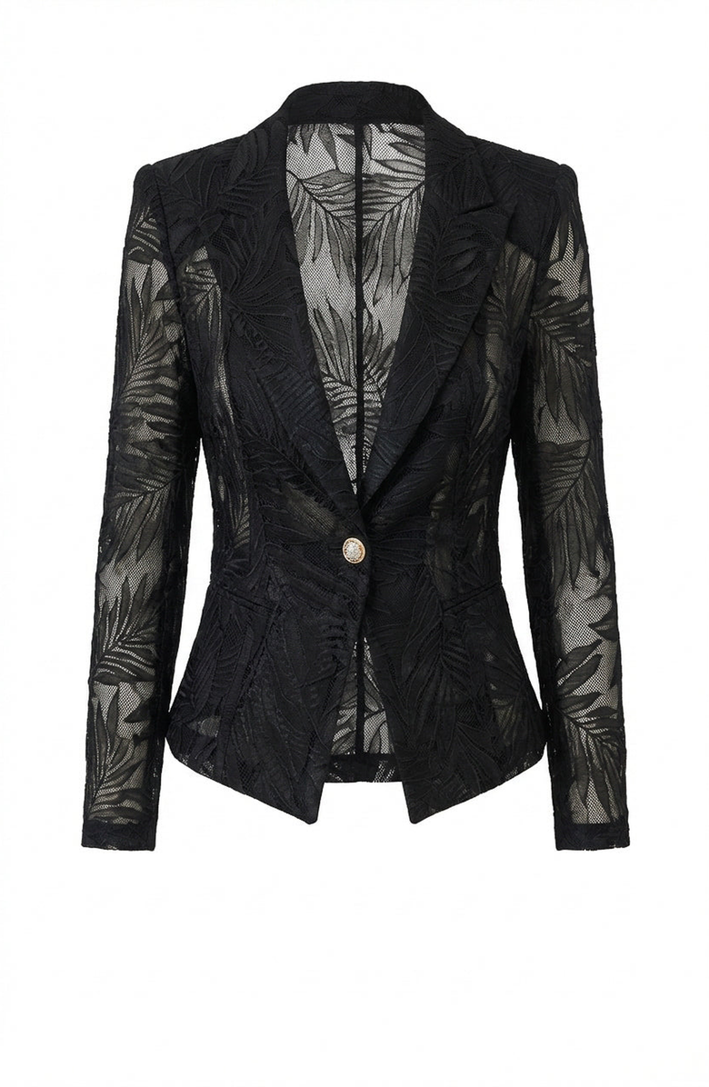 Modenaire Sheer Lace Sleeved Tailored Blazer, Alternate, color, Navy Blue