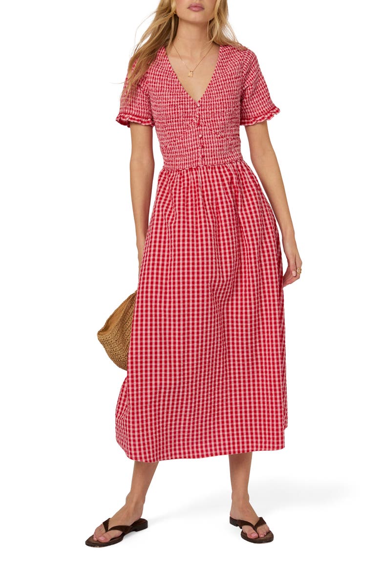Eliza Gingham Smocked Bodice Organic Cotton Seersucker Midi Dress, Main, color, RED GINGHAM