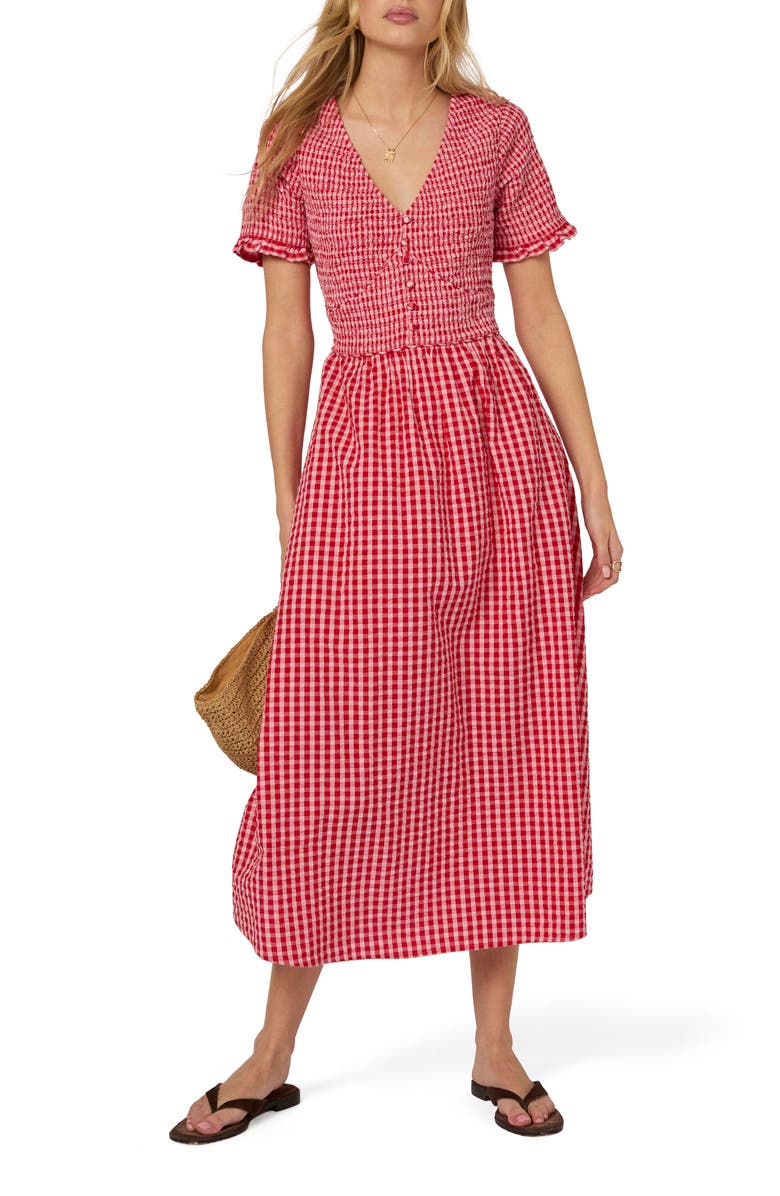 Nobody's Child Eliza Gingham Smocked Bodice Organic Cotton Seersucker Midi Dress, Main, color, Red Gingham