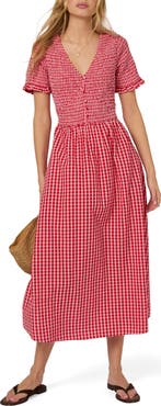 Nobody's Child Eliza Gingham Smocked Bodice Organic Cotton Seersucker Midi Dress