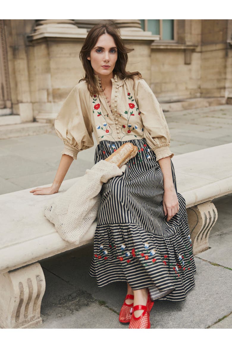 Eliza Embroidered Maxi Dress, Alternate, color, Black Khaki Stripe