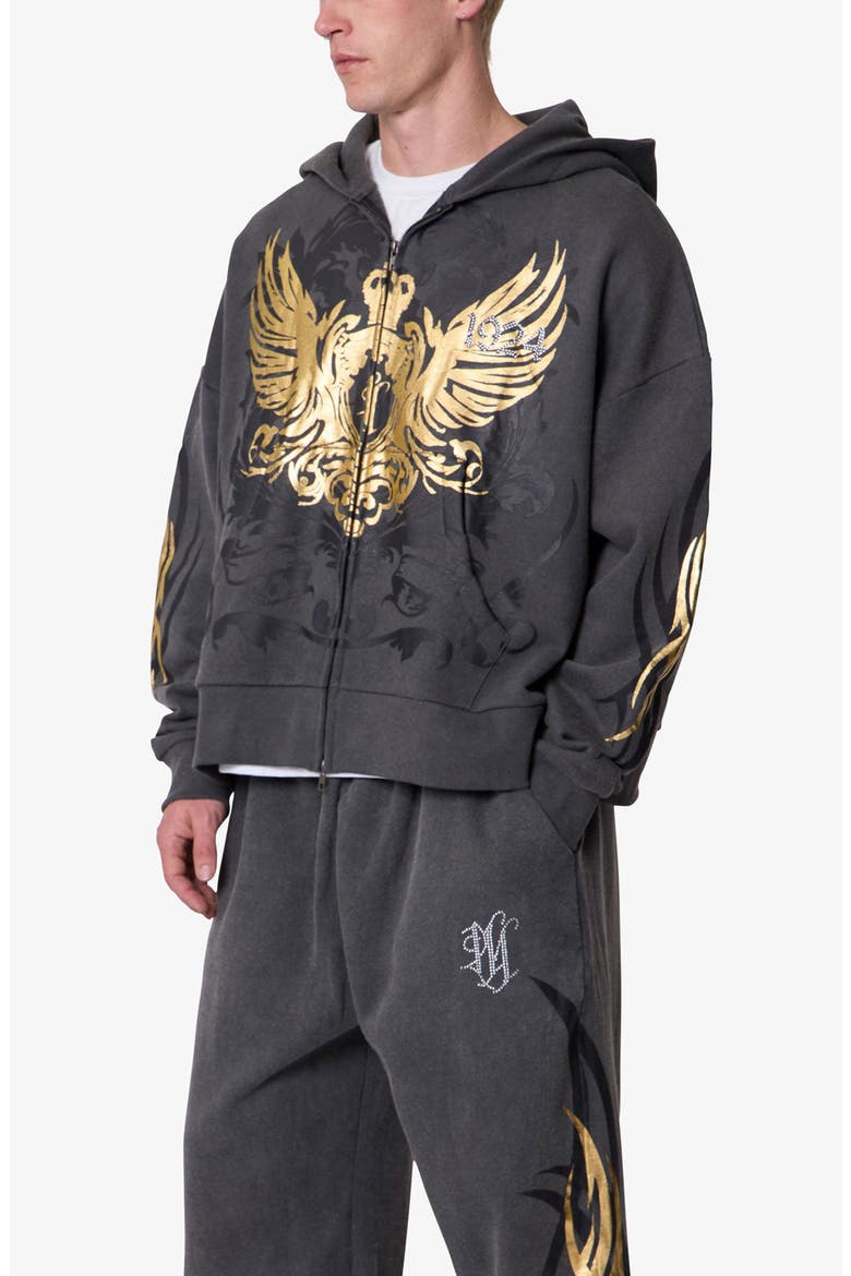 Oversize Gold Foil Cotton Zip Hoodie, Alternate, color, WASHED BLACK