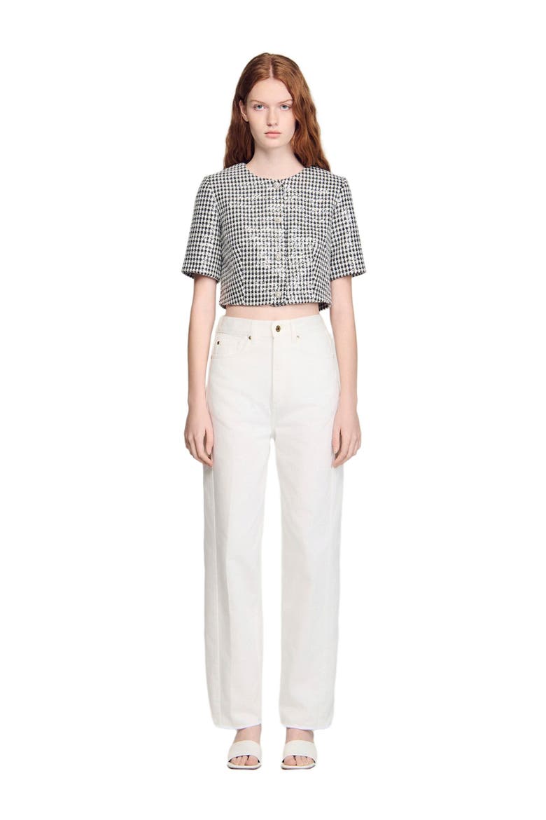 Cropped houndstooth tweed jacket, Alternate, color, Black / white