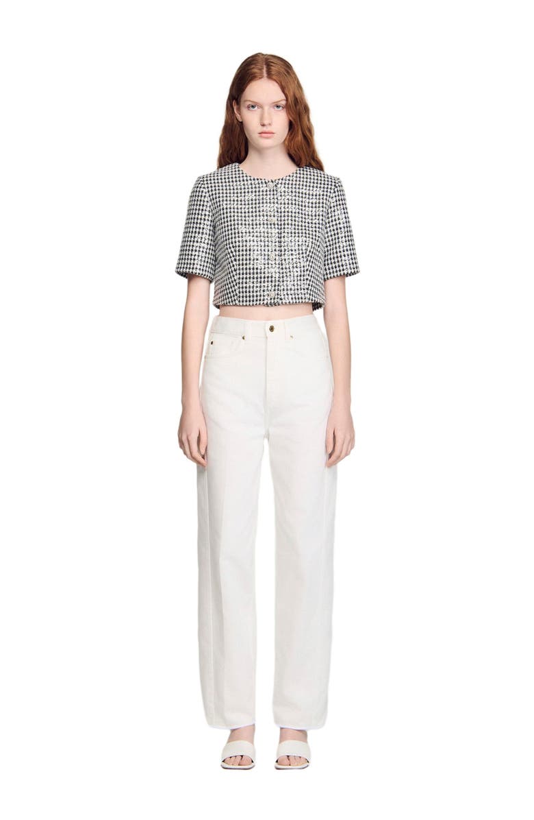 SANDRO Cropped houndstooth tweed jacket, Alternate, color, Black / White