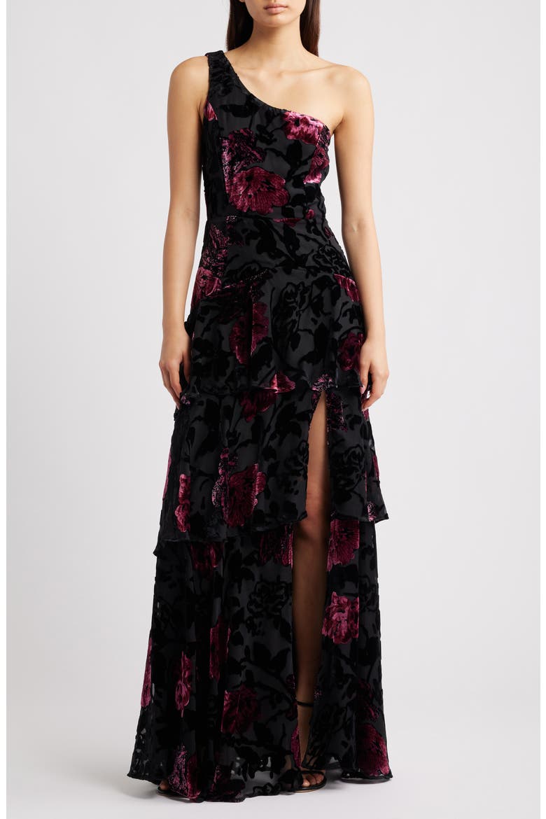Elodie One Shoulder Burnout Floral Tiered Dress, Main, color, BLACK MULTI