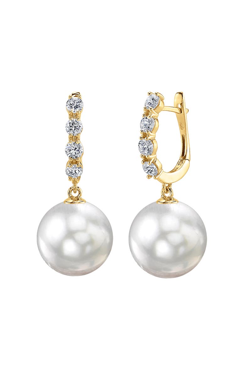White South Sea Pearl & Diamond Belle Earrings, Main, color, Yellow Gold