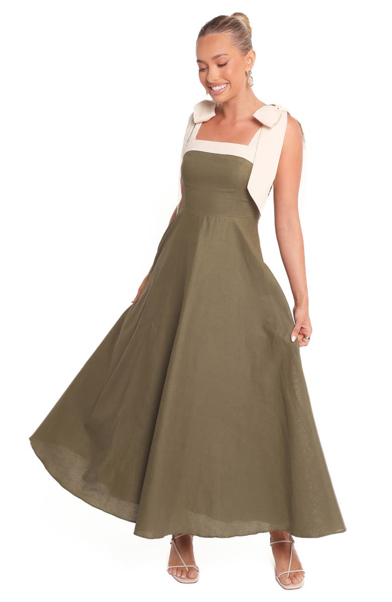 Petal & Pup Olinda Bow Strap Cotton & Linen Maxi Dress, Alternate, color, Olive