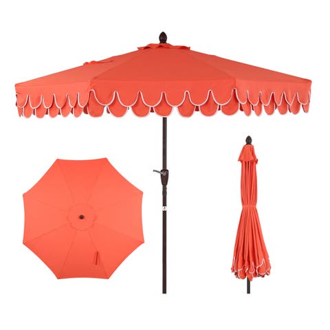 Tracy 9 ft. Classic MidCentury Scalloped Fringe Market Patio Umbrella with Auto-Tilt, Crank, Wind Vent and UV Protection