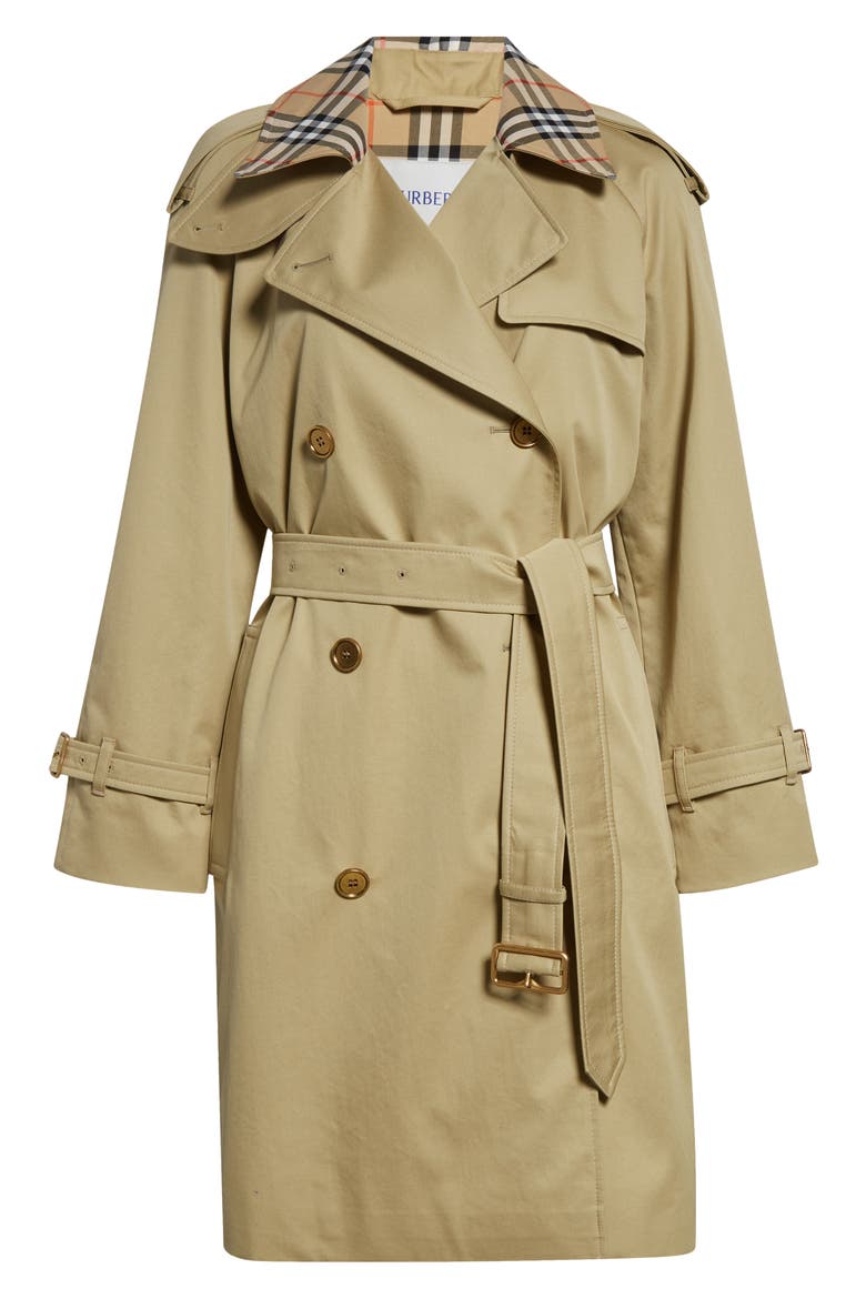 Castleford Check Collar Shower Resistant Cotton Gabardine Short Trench Coat, Alternate, color, HAMPER