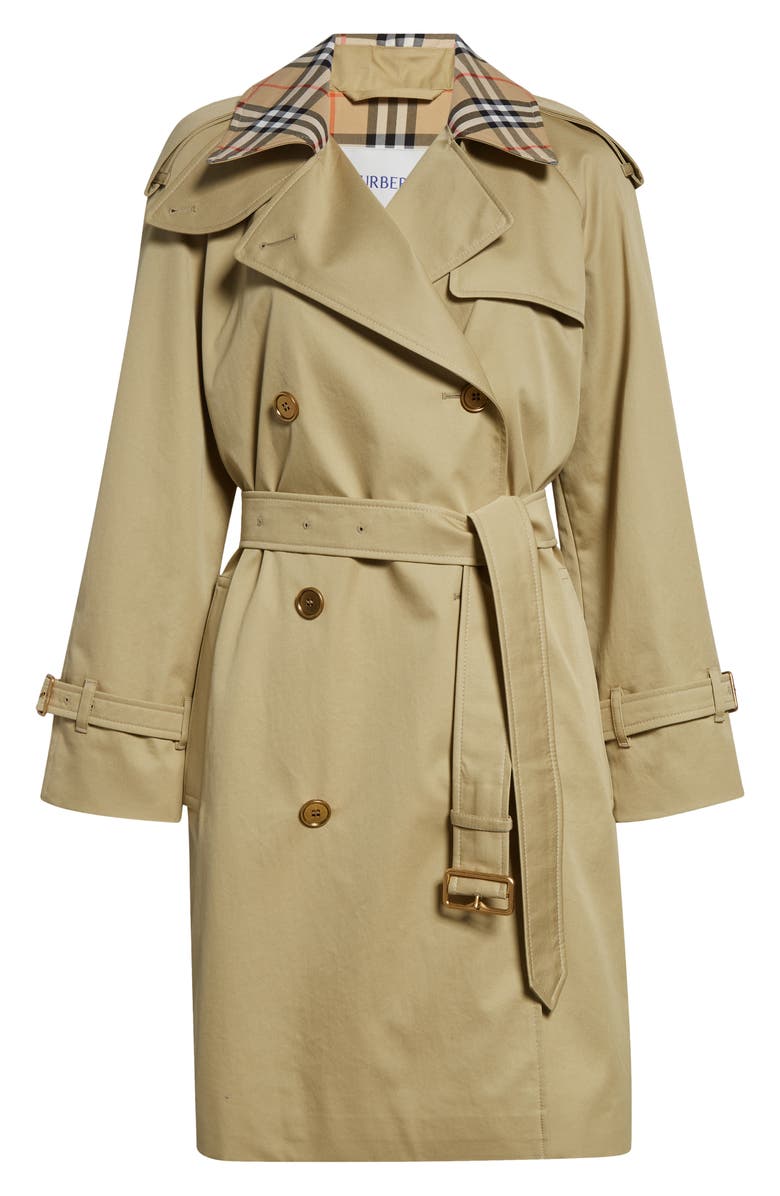 Burberry Castleford Check Collar Shower Resistant Cotton Gabardine Short Trench Coat, Alternate, color, Hamper
