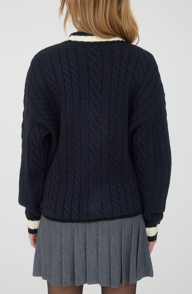 Blu Pepper Stripe Trim Cable Stitch Cardigan, Alternate, color, Navy