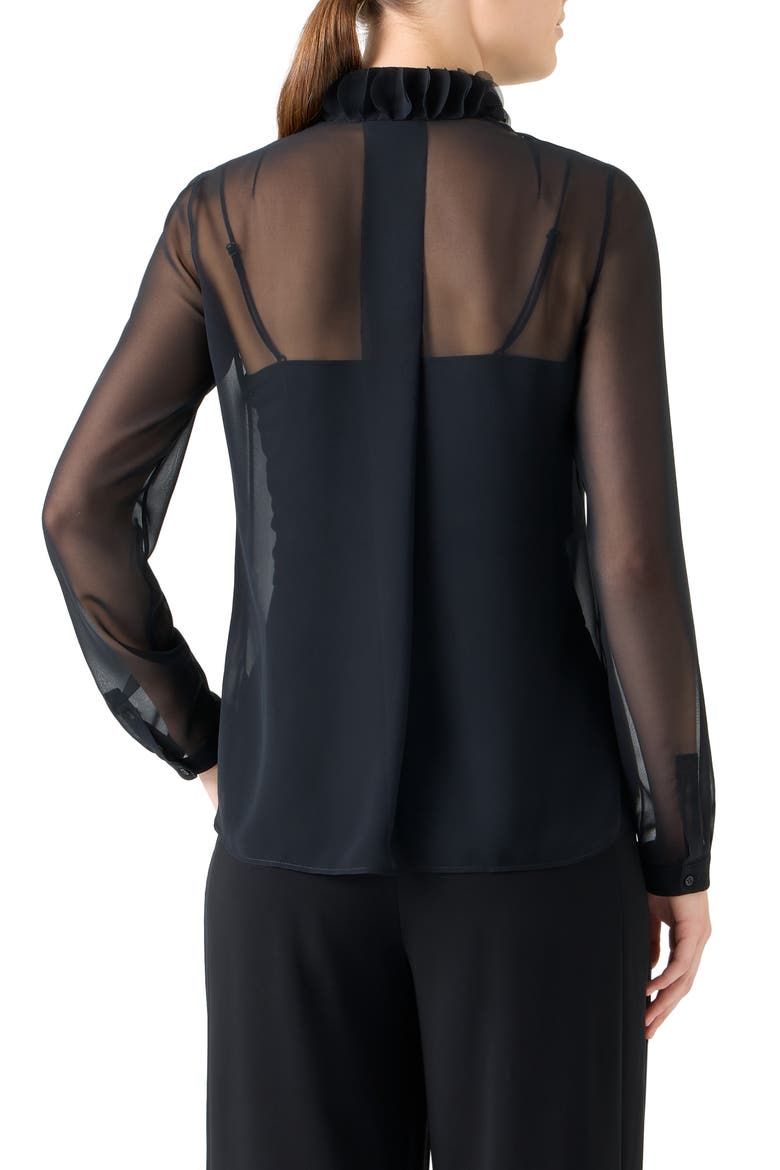 Ruffle Mock Neck Sheer Button-Up Shirt, Alternate, color, BLACK