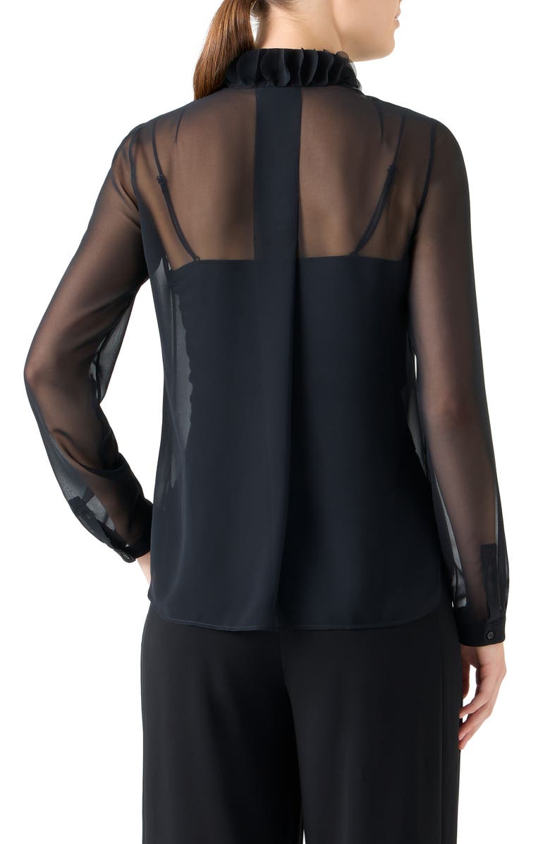 Akris punto Ruffle Mock Neck Sheer Button-Up Shirt, Alternate, color, Black
