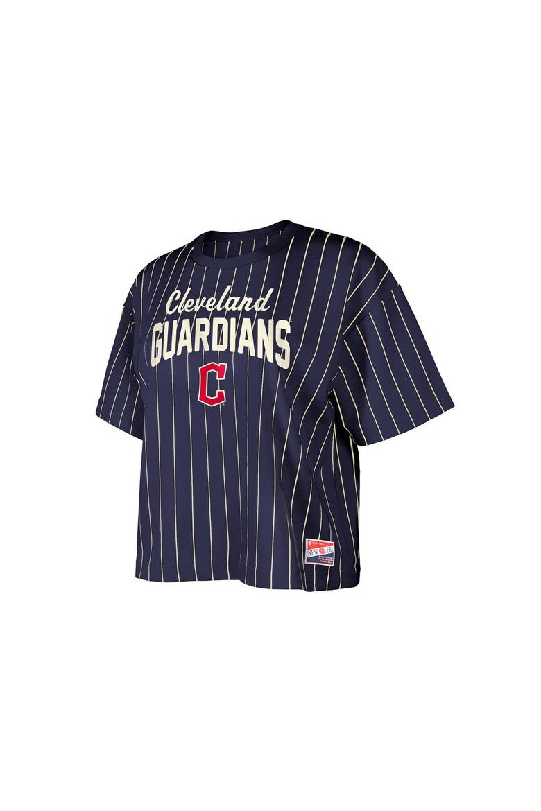 Women's New Era Navy Cleveland Guardians Cooperstown Collection Multiplier Pinstripe Cropped T-Shirt, Alternate, color, Navy