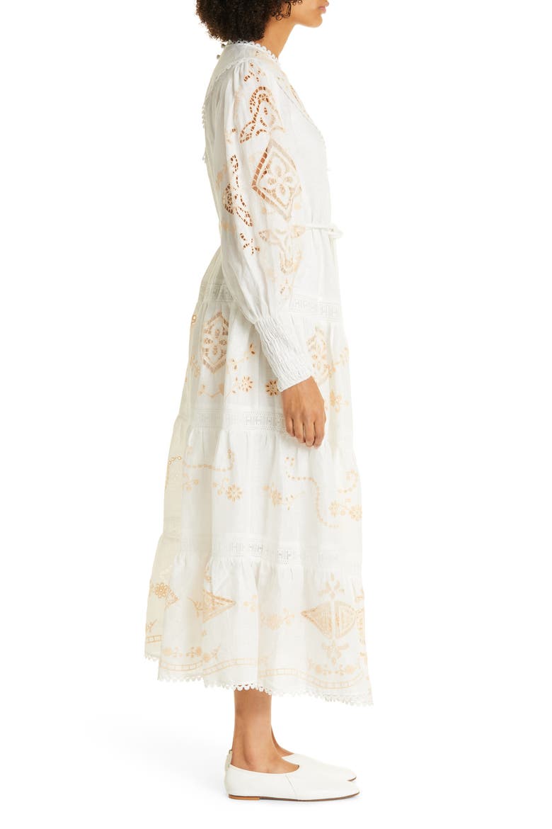 Cecilia Embroidered Tiered Linen Dress, Alternate, color, IVORY