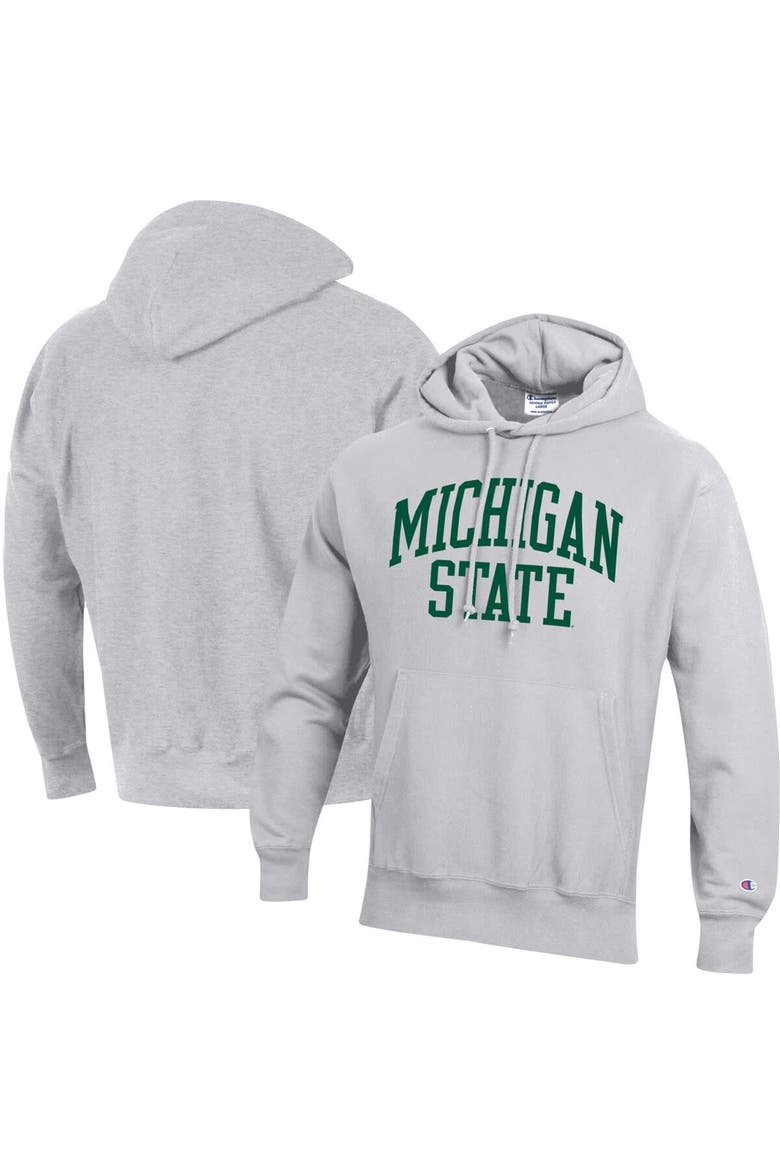 Men's Champion Heathered Gray Michigan State Spartans Team Arch Reverse Weave Pullover Hoodie, Main, color, Heather Gray