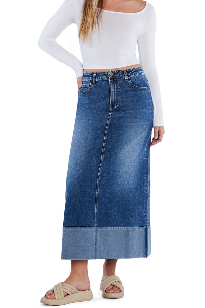 Cuffed Denim Maxi Skirt, Alternate, color, CUFFED BLUE