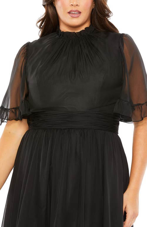 Mac Duggal High Neck Flutter Sleeve Ruffle Tiered High Low Plus Size Gown In Black