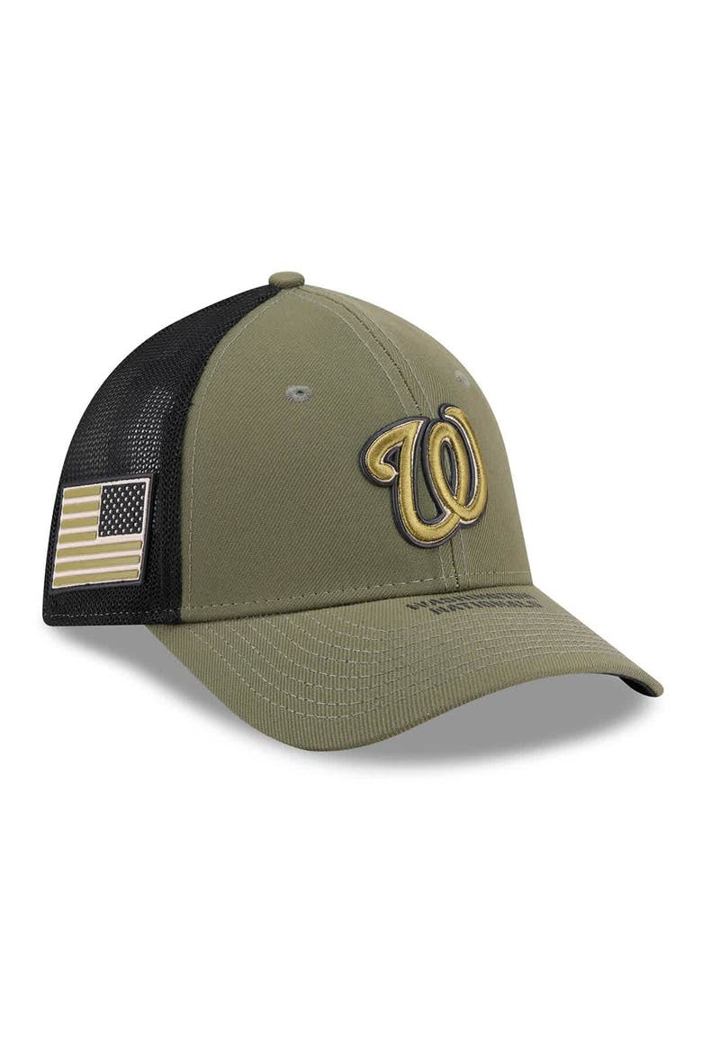 Men's New Era  Olive Washington Nationals 2026 Armed Forces Day 39THIRTY M-Crown Trucker Flex Hat, Main, color, Olive
