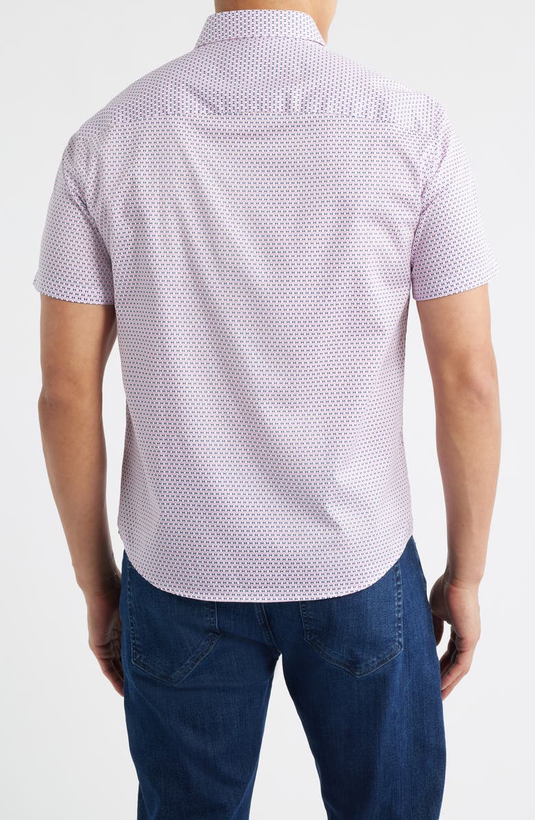 Johnston & Murphy Logan Microprint Short Sleeve Cotton Blend Button-Up Shirt, Alternate, color, Pink / Navy Bowtie