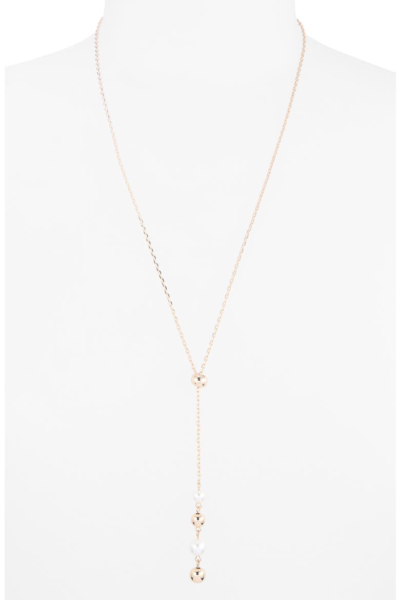 Imitation Pearl & Ball Slider Lariat Necklace, Alternate, color, WHITE- GOLD