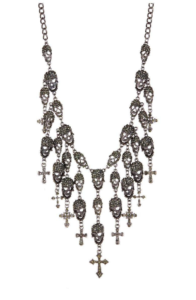 EYE CANDY LOS ANGELES Skully Fringe Necklace, Main, color, Dark Silver