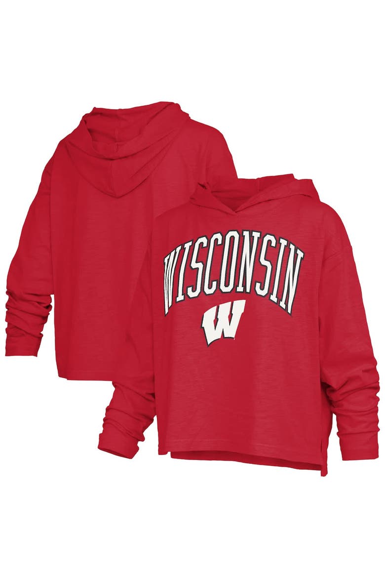 Women's Pressbox  Red Wisconsin Badgers Nelson Arch Over Logo Long Sleeve Hooded Slub T-Shirt, Alternate, color, Red