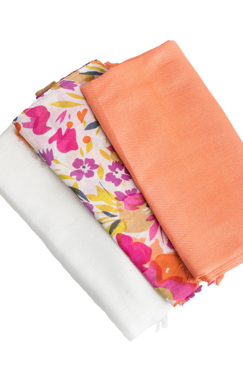 SAACHI Set of 3 Solid & Floral Scarves, Alternate, color, Orange