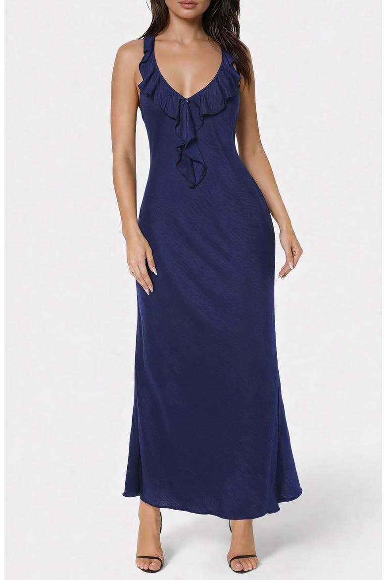Crushed Satin Ruffle Halter Dress, Main, color, NAVY