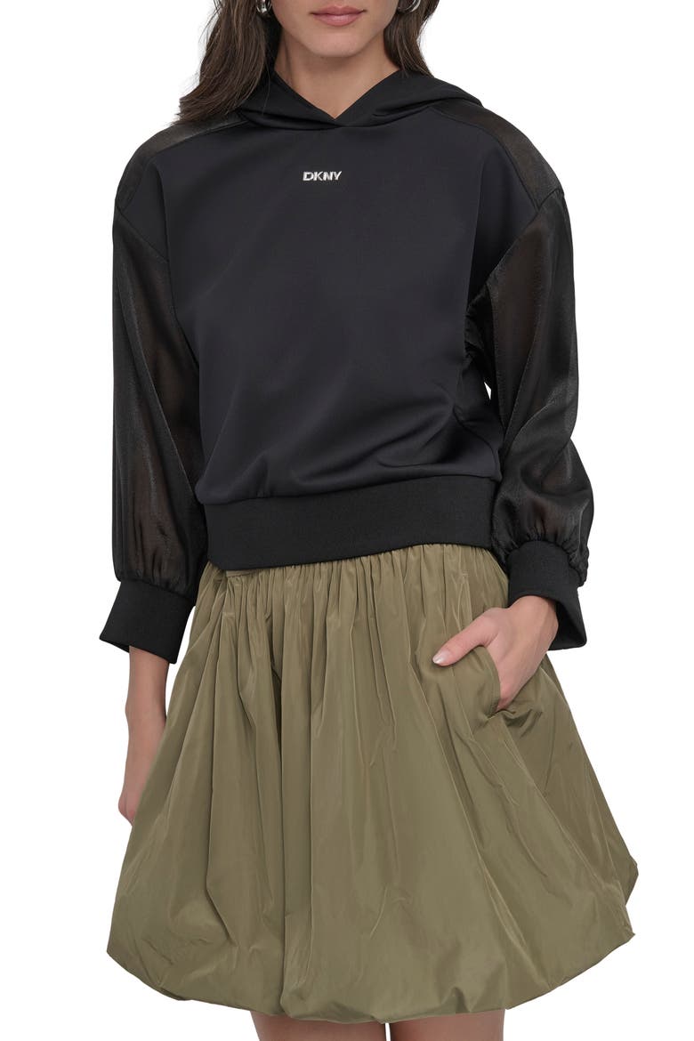 Organza Sleeve Crop Hoodie, Main, color, BLACK