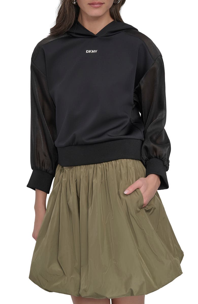 DKNY Organza Sleeve Crop Hoodie, Main, color, Black