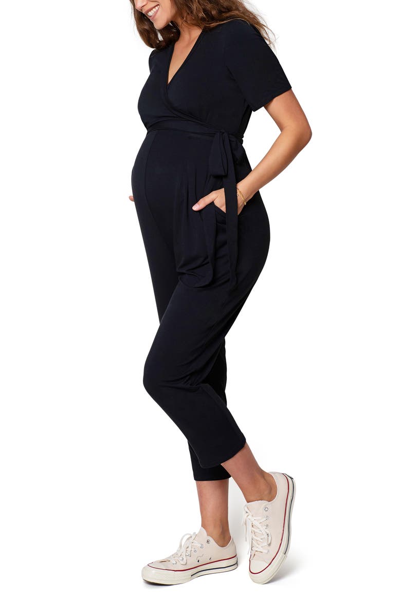 Ingrid & Isabel® Crop Jersey Maternity/Nursing Jumpsuit, Main, color, BLACK