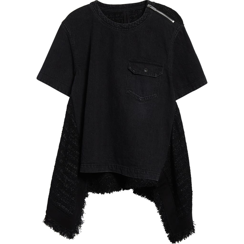 Sacai Womens Short-sleeve Tweed-panel Denim Top Black Black Xl In Black/black 002