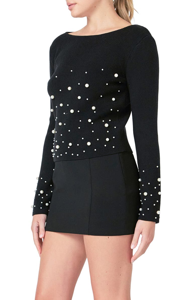 Endless Rose Imitation Pearl Embellished Sweater, Alternate, color, Black