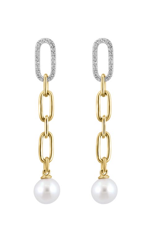 14K Yellow Gold Diamond Fresh Water Pearl Paperclip Drop Earrings