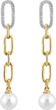 EFFY 14K Yellow Gold Diamond Fresh Water Pearl Paperclip Drop Earrings