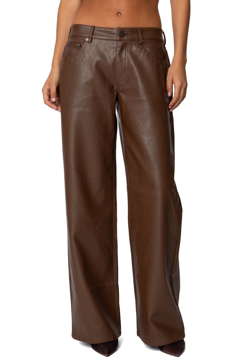 Tatiana Low Rise Wide Leg Faux Leather Pants, Main, color, BROWN