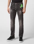 PHILIPP PLEIN Denim Trousers Super Straight Cut Skull&Bones Men