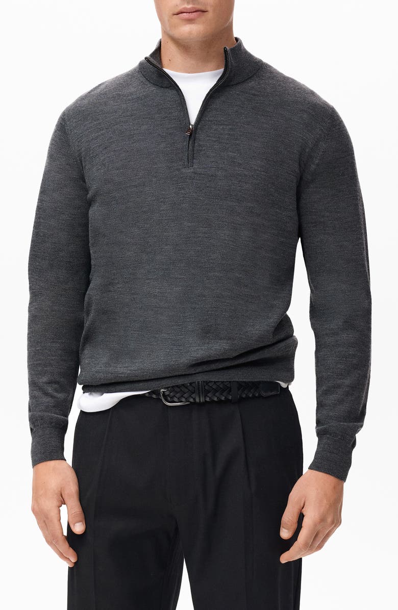 MANGO Perkins Wool Quarter Zip Sweater, Main, color, Medium Heather Grey