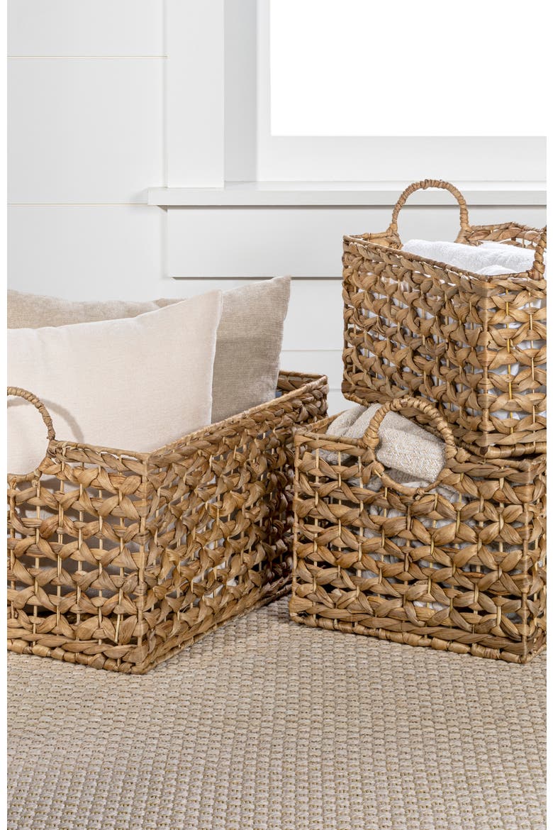 Quinn Bohemian Cottage Woven Hyacinth Rectangular Storage Baskets with Handles,, Alternate, color, Natural